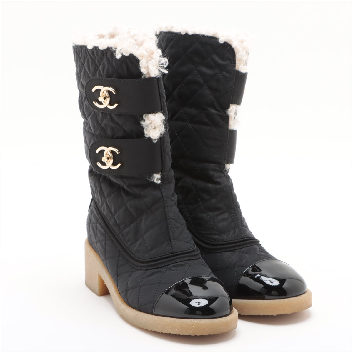 Chanel Coco Patent Leather X Fabric Short Boots 36  Black G36702 Double Turn Locks Insol Wool