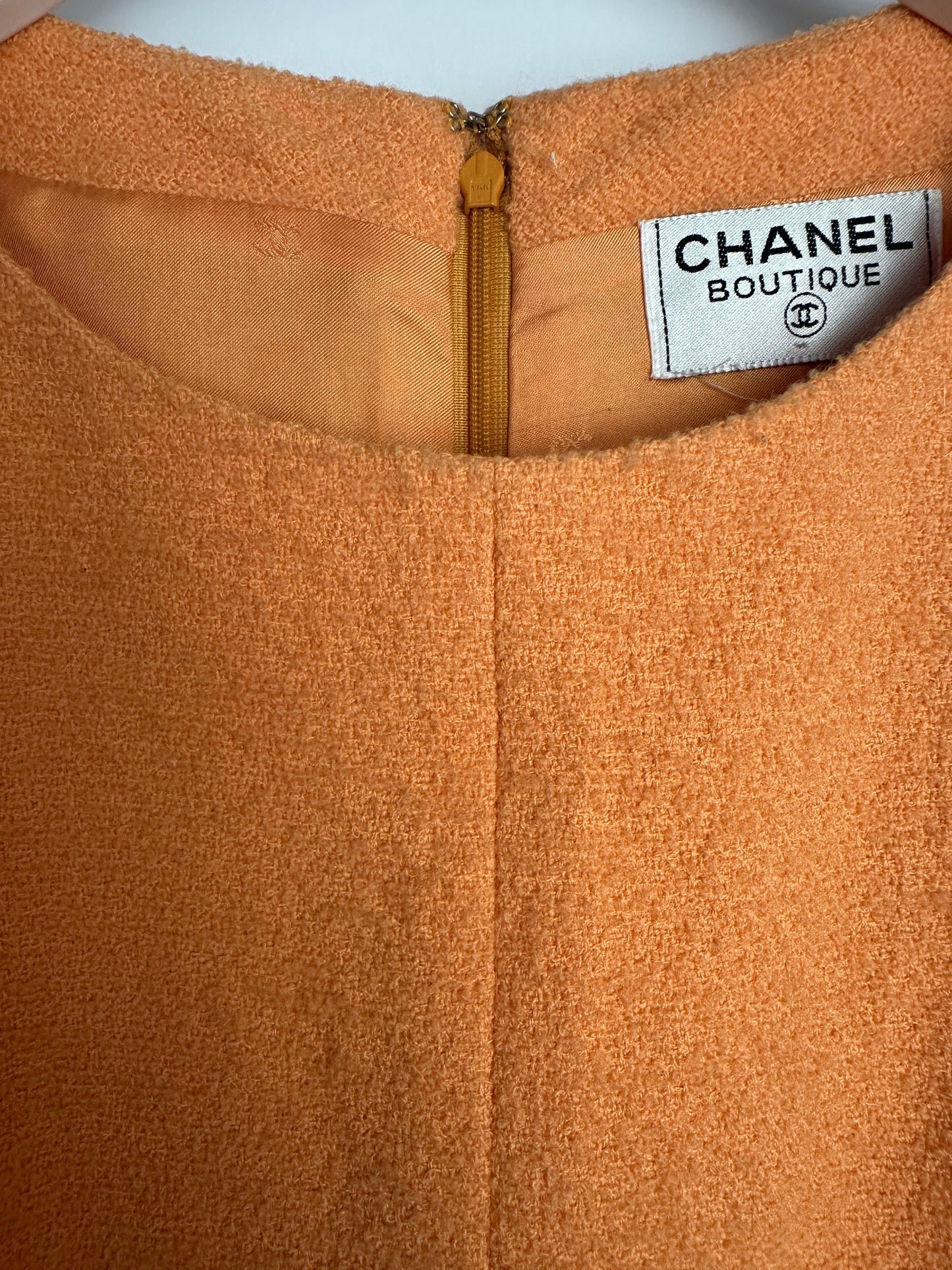 Chanel   Apricot Orange Tweed Short-Sleeve Mini Dress with CC Buttons Detail Size FR 38 (UK 10)
