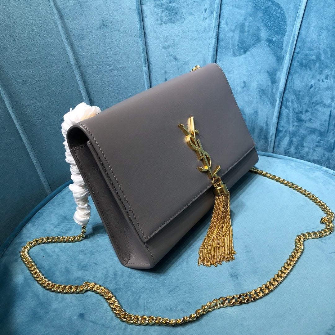 YSSL Kate Medium Chain Bag With Tassel In Grain De Poudre Grey For Women 9in/24cm YSL