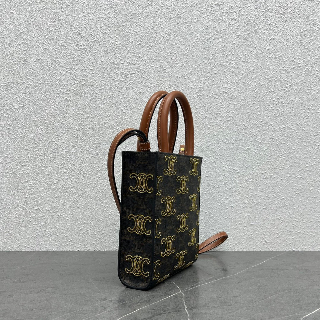 Top Quality Mini Folco In Triomphe Canvas With Triomphe Heart Embroidery Brown For Women 8in/20cm