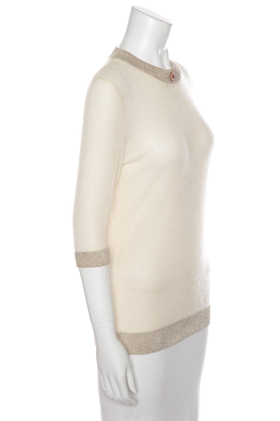 Chanel   Spring 1996 Cream Cashmere Silver Tone Trim Sweater SZ 38