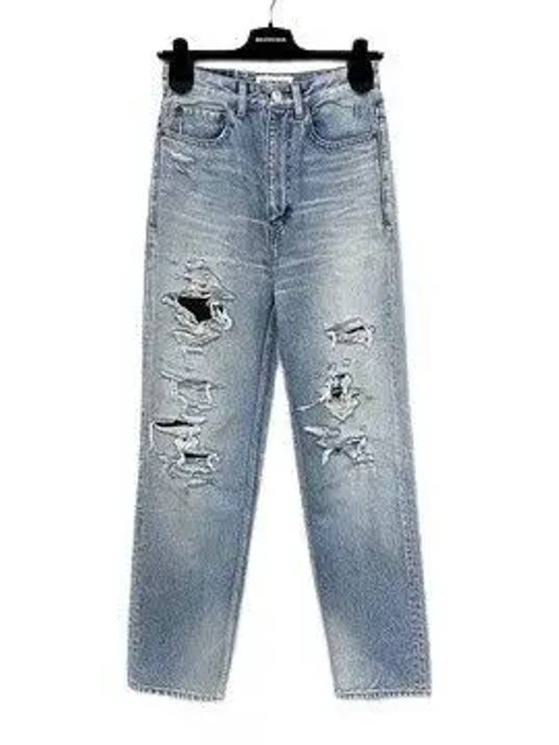 Luxury Balenciaga Trending 2025 Women's Distressed Denim Straight Jeans   Blue