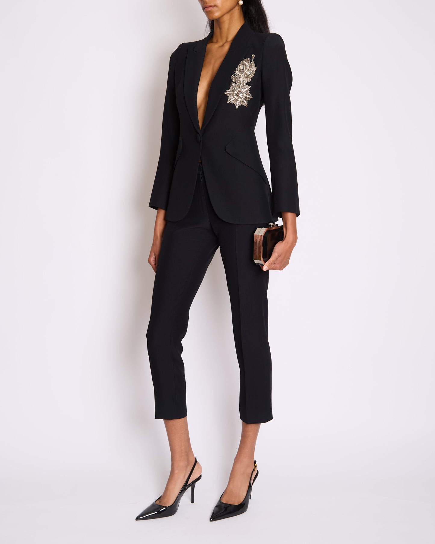 Alexander McQueen Black Tailored Blazer Jacket and Matching Tro rs Set with Metallic Embroidery Detail Size IT 36 (UK 4)