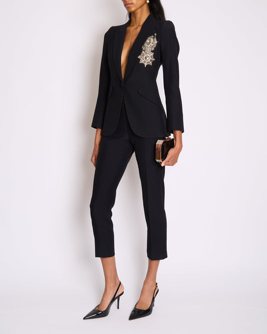 Alexander McQueen Black Tailored Blazer Jacket and Matching Tro rs Set with Metallic Embroidery Detail Size IT 36 (UK 4)