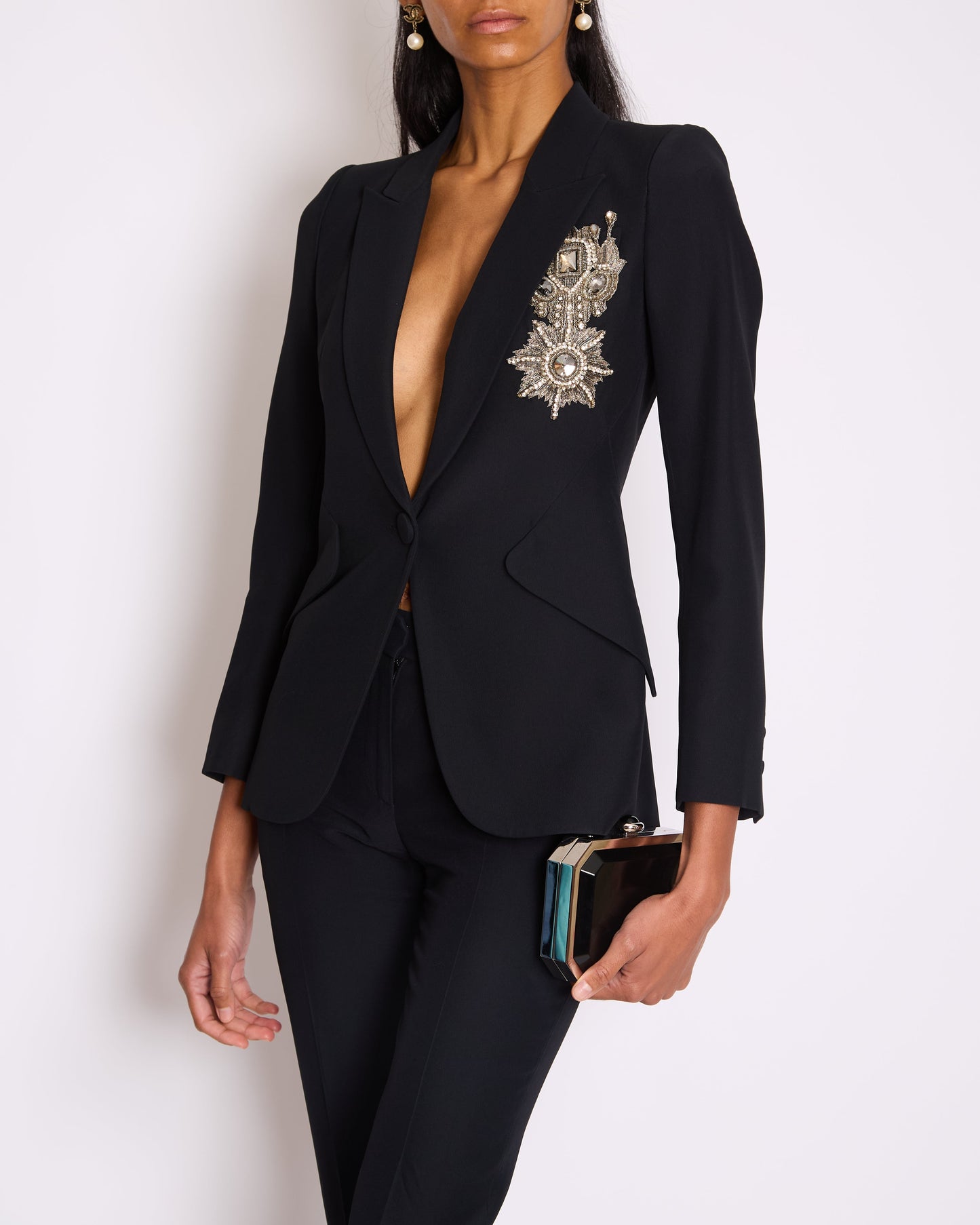 Alexander McQueen Black Tailored Blazer Jacket and Matching Tro rs Set with Metallic Embroidery Detail Size IT 36 (UK 4)