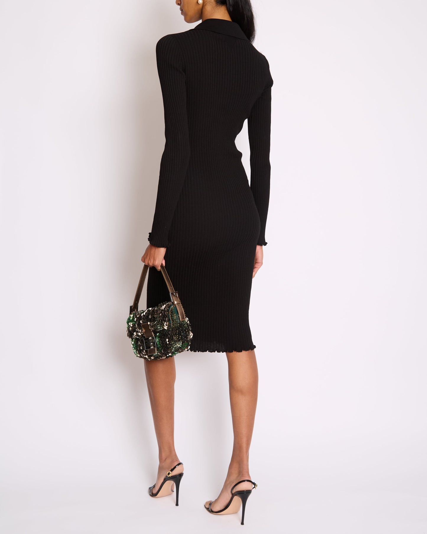 Bottega Veneta Black Ribbed Long Sleeve Midi Dress with Green Stitch Detail and Collar Size XS (UK 6)