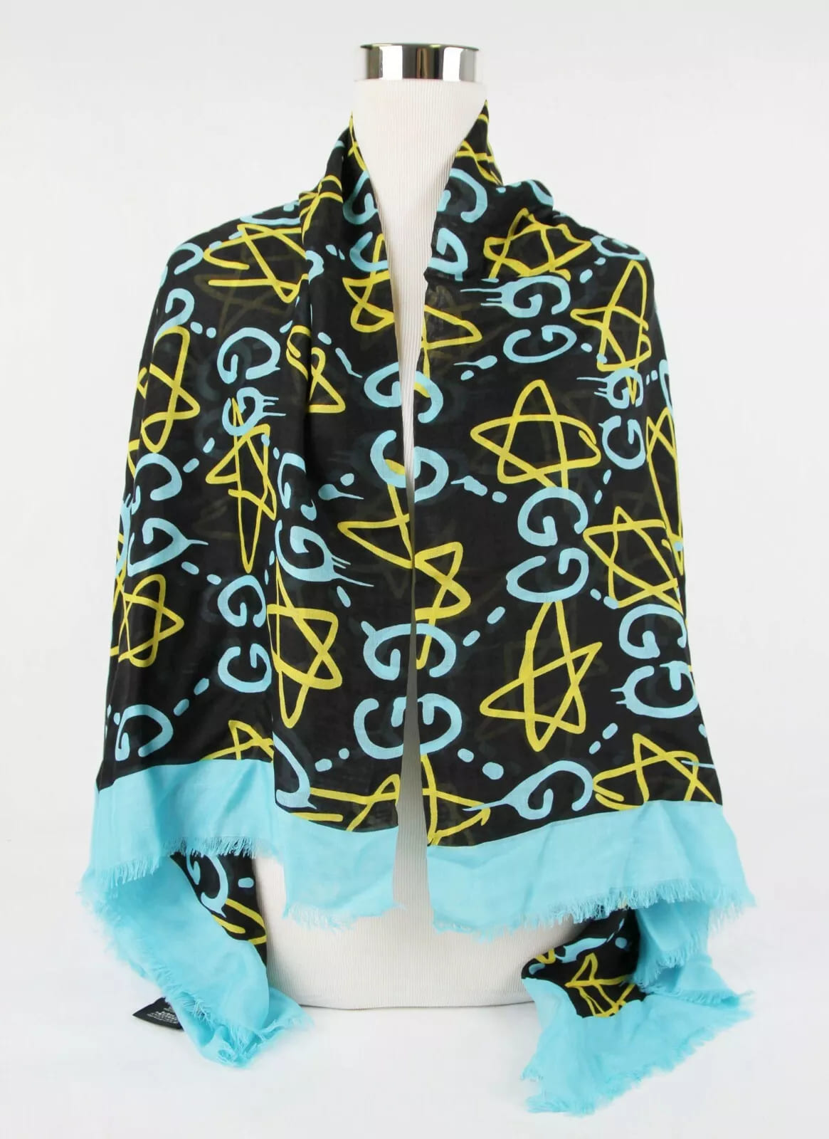 Gucci Ghost Black Blue GG Star Modal Silk Large Scarf Shawl w/Box