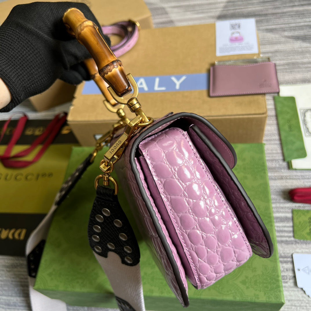 gg Bamboo 1947 Crocodile Top Handle Bag Pink For Women, Women’s Bags 10in/26cm gg