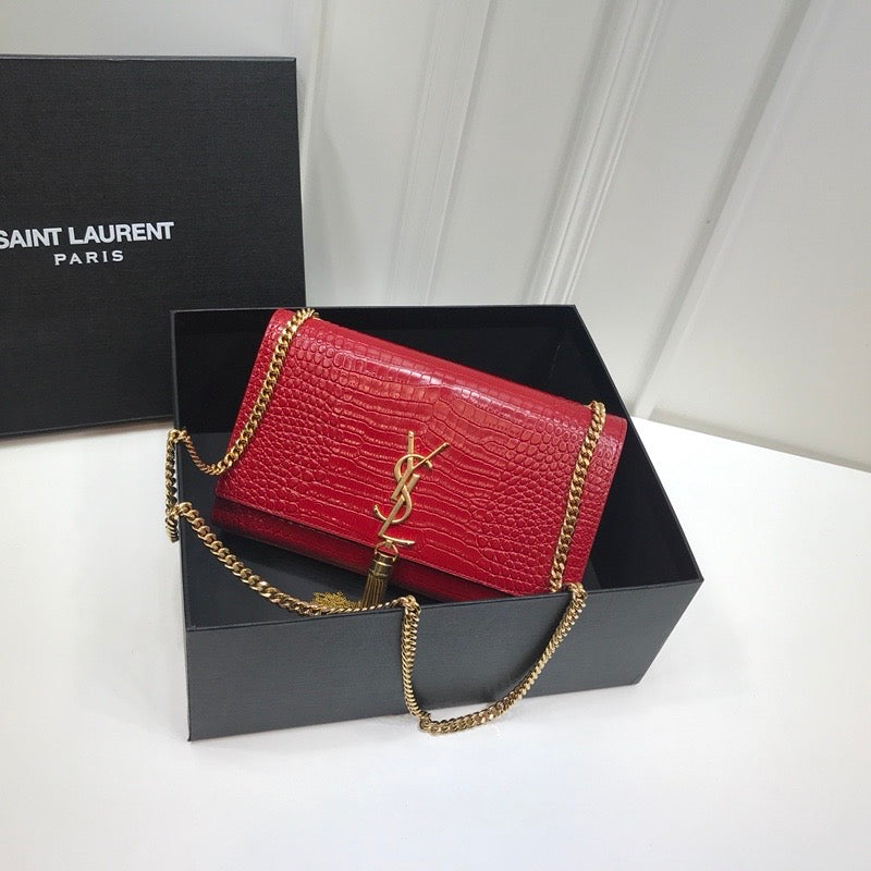 YSSL Kate Medium Chain Bag With Tassel In Embossed Crocodile Red For Women 9in/24cm YSL