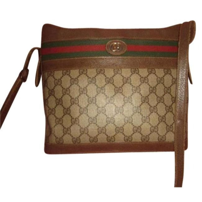 Gucci   Brown Leather And Large G Logo Print Coated Canvas With Red Green Stripe
