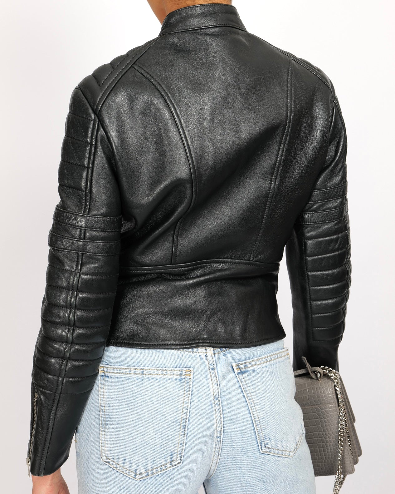 CŽline Black Sheepskin Leather Jacket with Silver Zipper and Buckles Details Size FR 40 (UK 12)