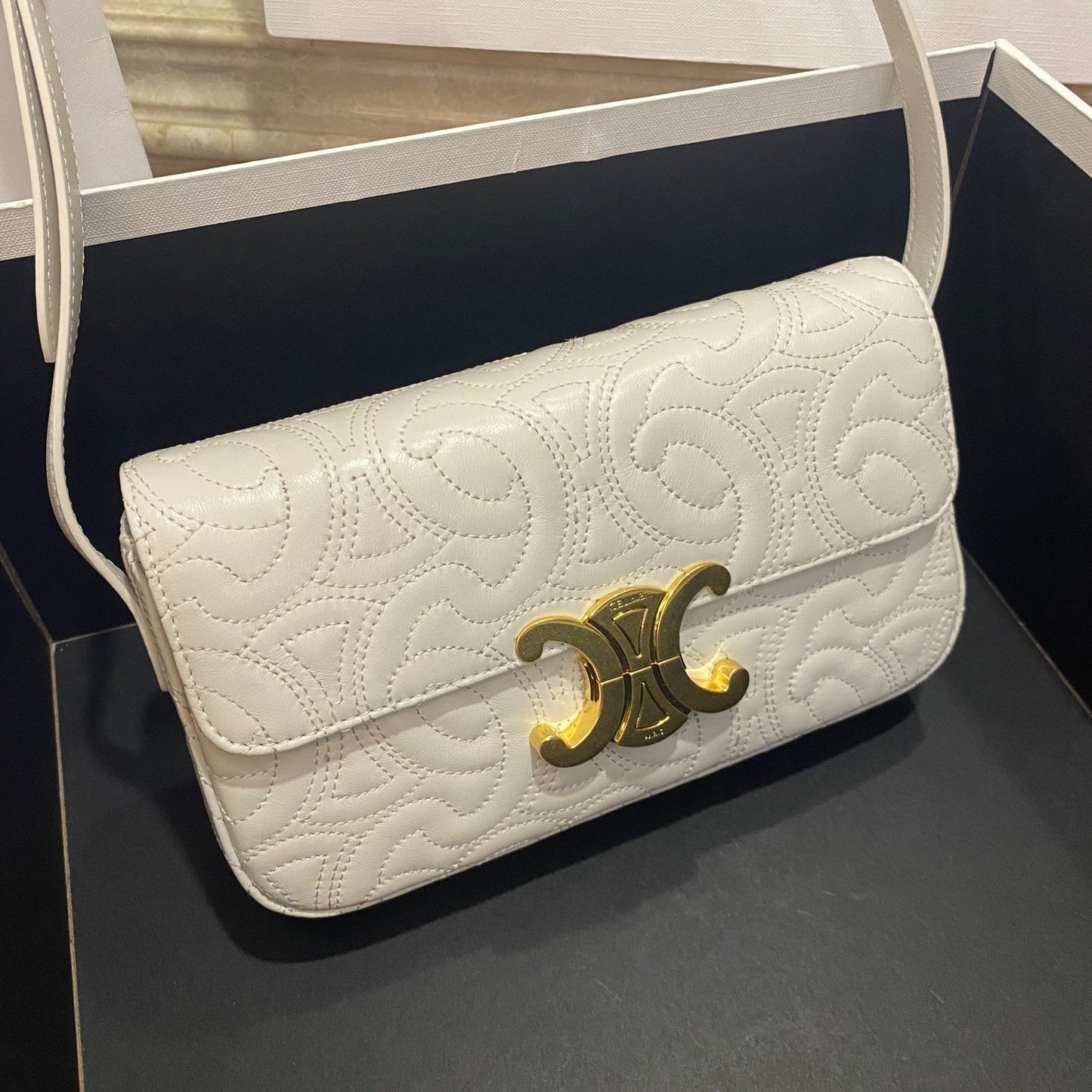 Top Quality Triomphe Shoulder Bag In Quilted Triomphe Lambskin White For Women 8in/20cm 194143EF4.01BC