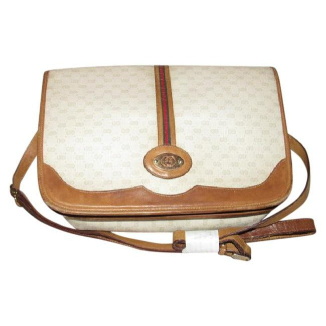 Gucci   Beige With Camel Small G Logo And Red Green Stripe Leather Coated Canvas