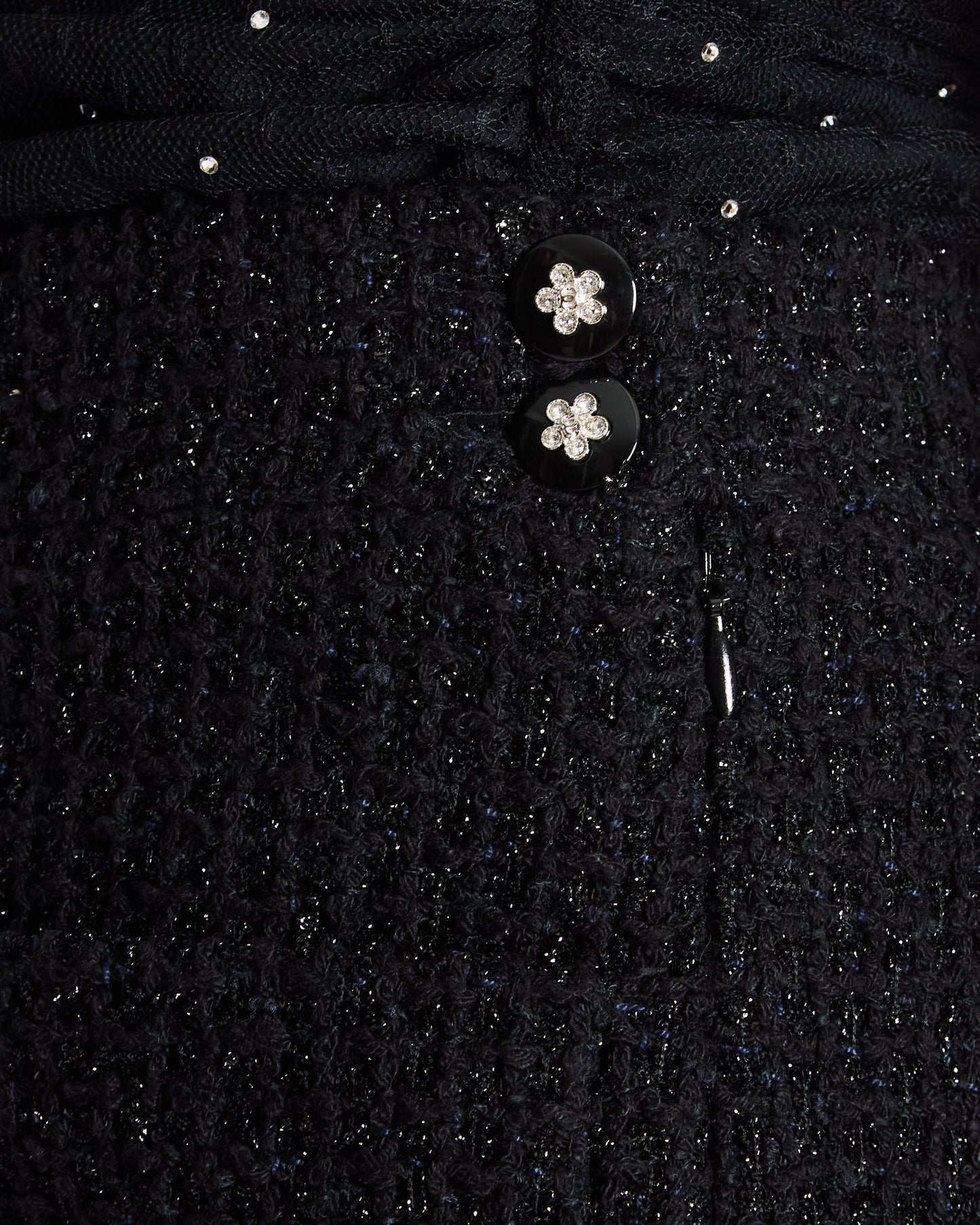 Chanel Black Tweed Shimmery Bermuda Shorts with Silver Flower Crystal Buttons Size FR 34 (UK 6)