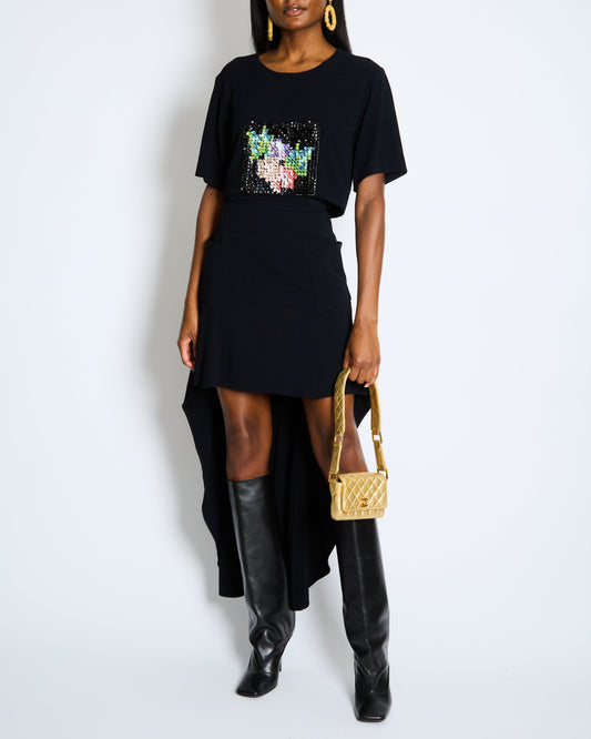*RUNWAY* Chanel MŽtiers d'Art 2023 Black Front-Cropped Midi Skirt with Back Gold CC Logo Button Detail Size FR 34 (UK 6)