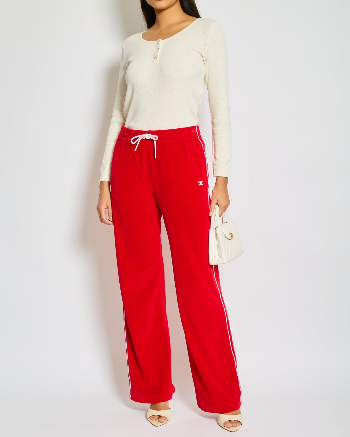 Celine Red Velours Tracksuit Tro rs with White Details and Elasticated Waist with Embroidered Logo Detail Size M (UK 10)