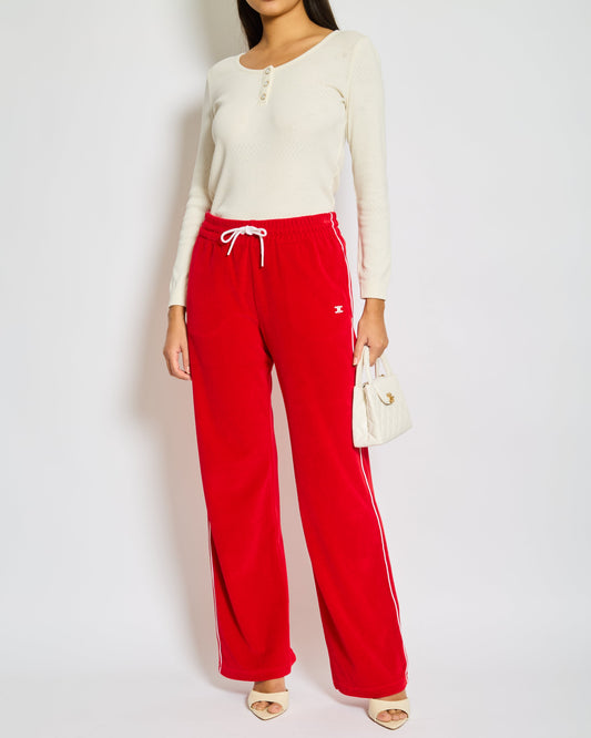 Celine Red Velours Tracksuit Tro rs with White Details and Elasticated Waist with Embroidered Logo Detail Size M (UK 10)