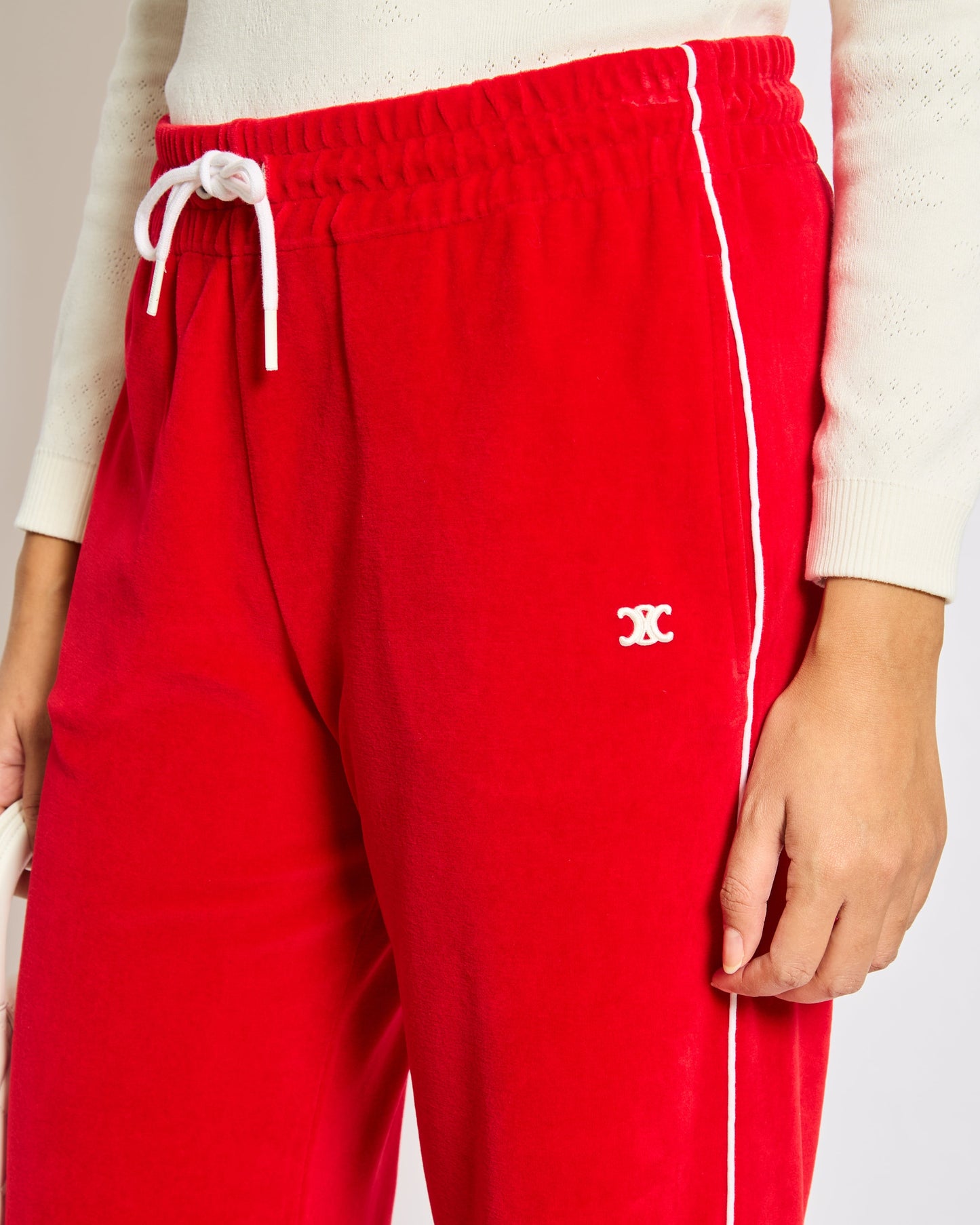 Celine Red Velours Tracksuit Tro rs with White Details and Elasticated Waist with Embroidered Logo Detail Size M (UK 10)