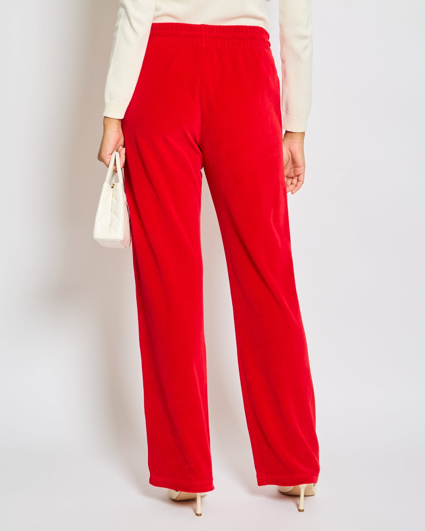 Celine Red Velours Tracksuit Tro rs with White Details and Elasticated Waist with Embroidered Logo Detail Size M (UK 10)