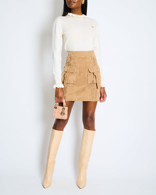 Balmain Tan Suede Lace-Up Mini Skirt Size FR 36 (UK 8)
