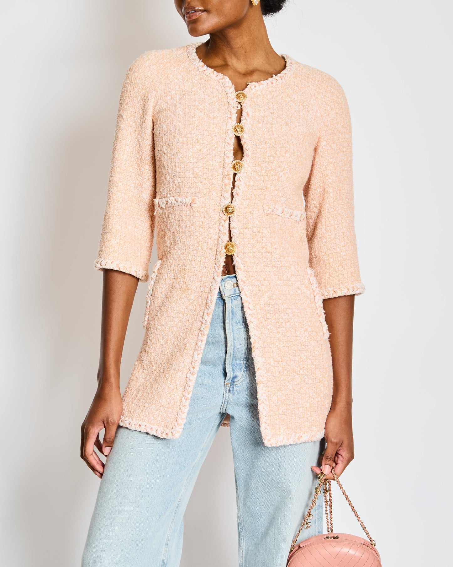 Chanel 07/P Pink and White Tweed Embellished Buttons Jacket with Pockets Size FR 34 (UK 6)