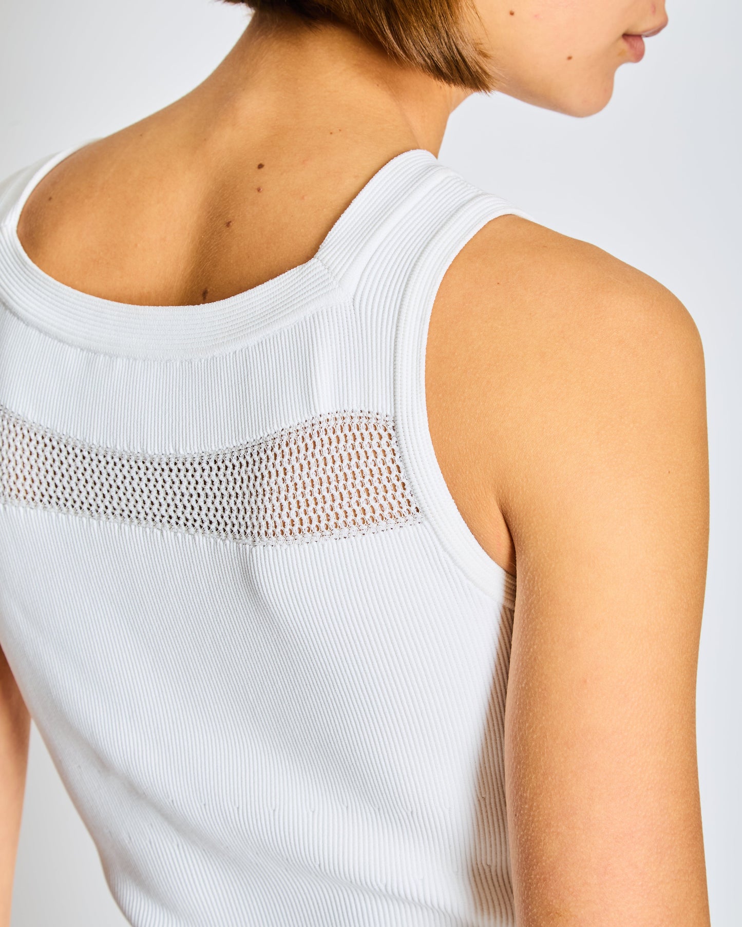 Ala•a White Ribbed Sleeveless Mini Dress with Knit and Frill Details Size FR 38 (UK 10)