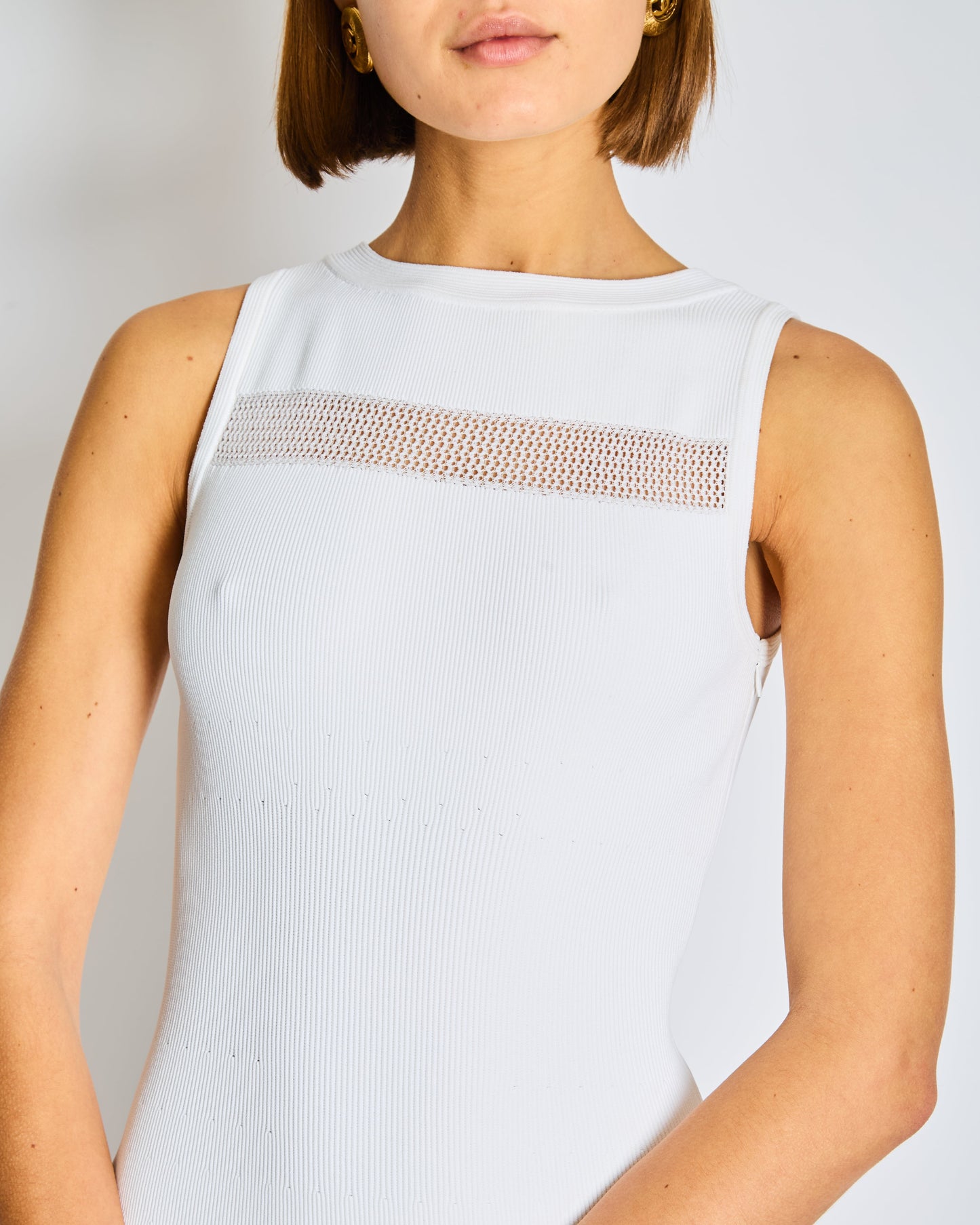 Ala•a White Ribbed Sleeveless Mini Dress with Knit and Frill Details Size FR 38 (UK 10)