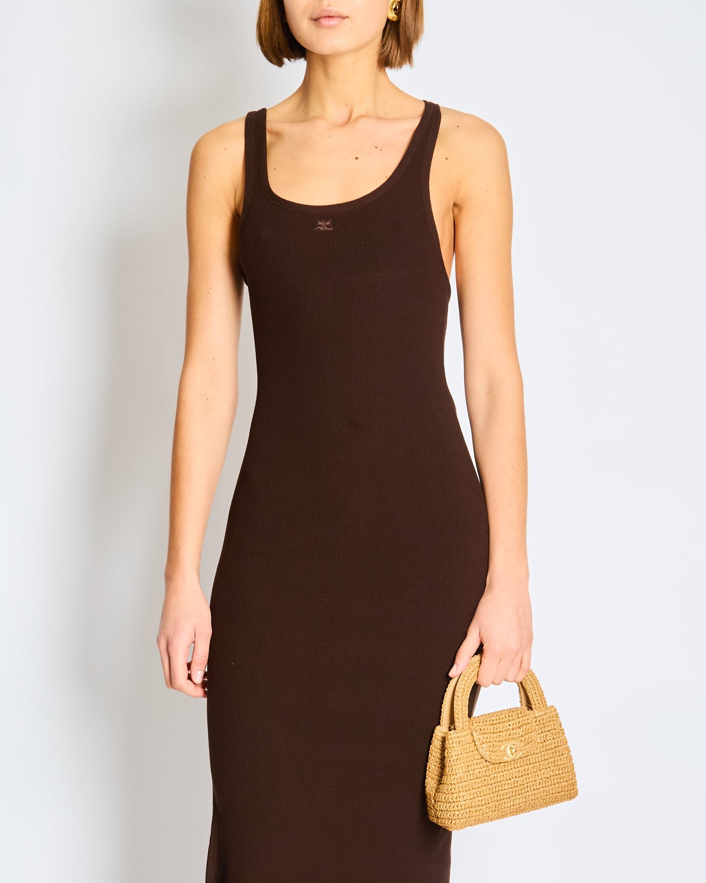 Courr�ges Brown Sleeveless Midi Dress with Logo Size Small (UK 8-10)