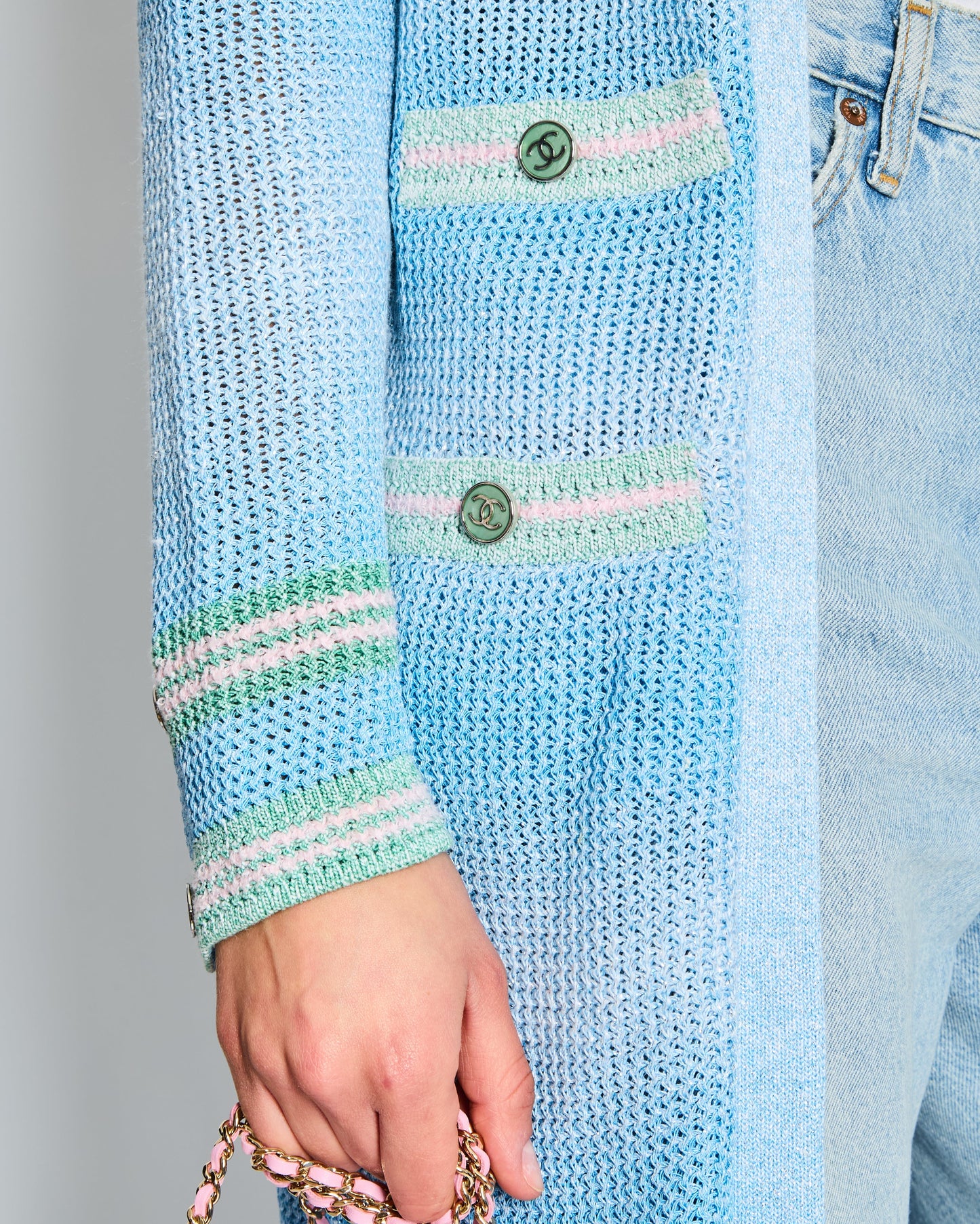 Chanel 23/S Blue Long-line Striped Knitted Cardigan with Green and Pink Trim and CC Button Detail Size