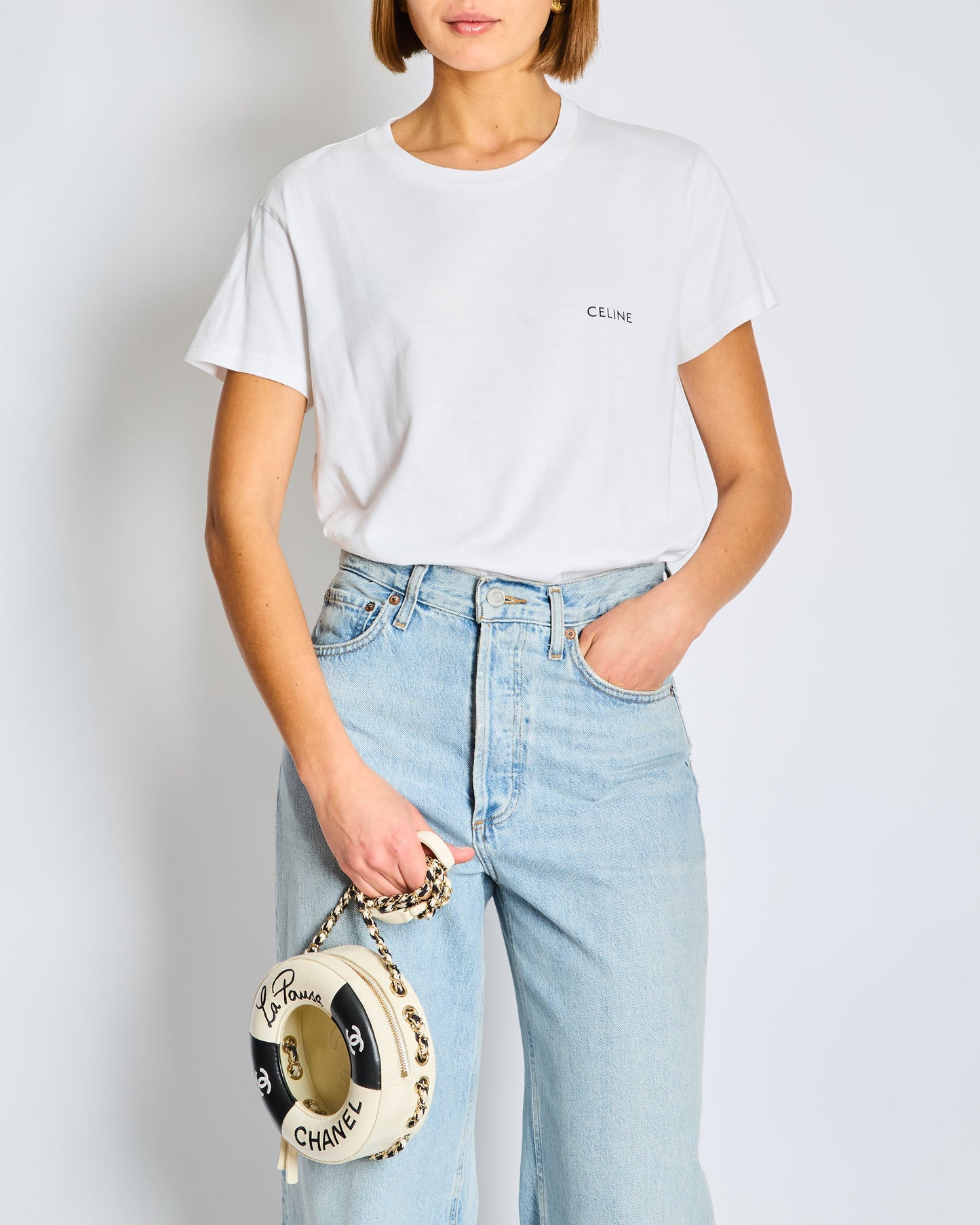 CŽline White Cotton T-shirt with Black Logo FR 36 Size UK 8