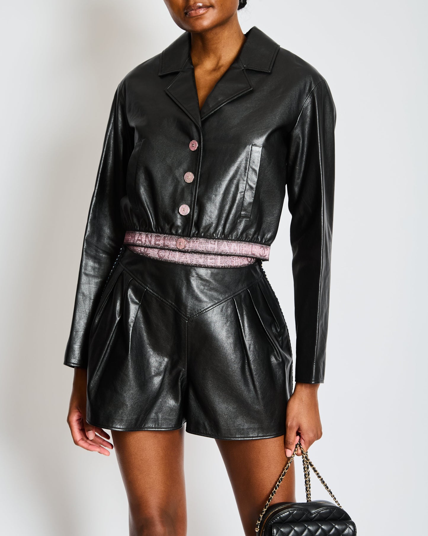 Chanel Cruise 2024 Black Leather Jacket with Pink CC Logo Buttons and Pink Logo Waistband Size FR 36 (UK 8)