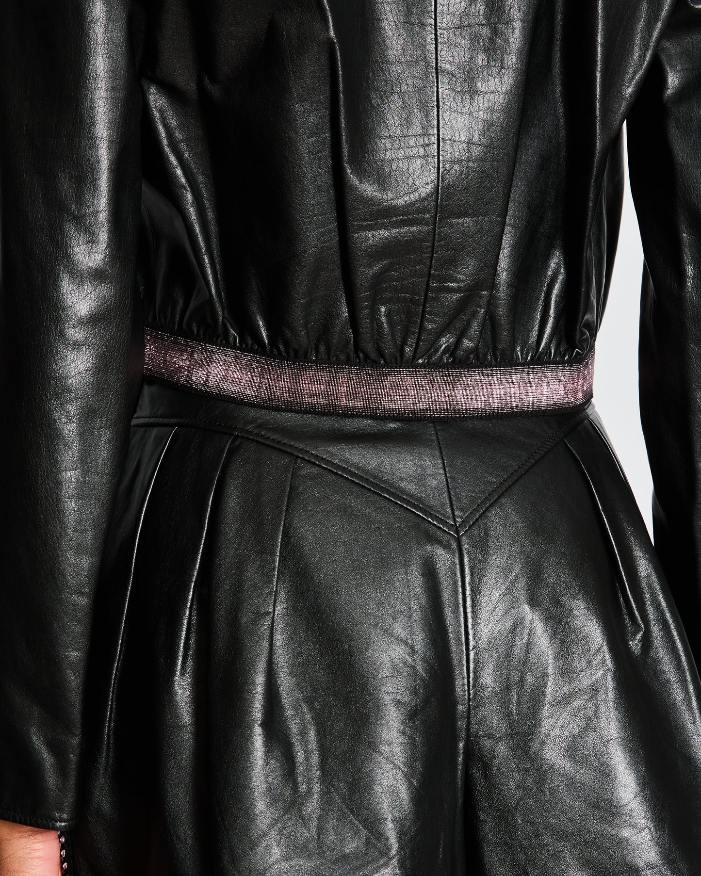 Chanel Cruise 2024 Black Leather Jacket with Pink CC Logo Buttons and Pink Logo Waistband Size FR 36 (UK 8)
