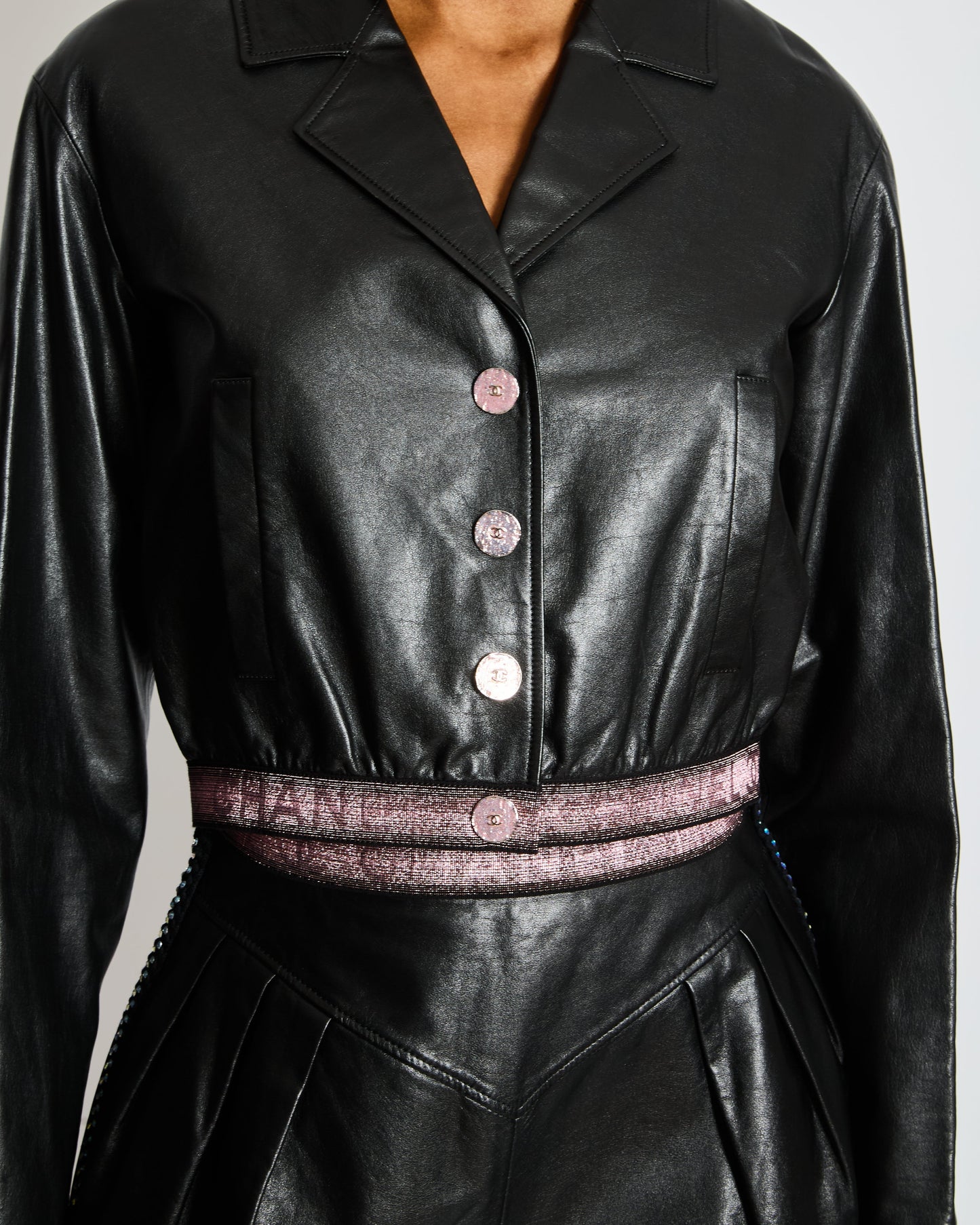 Chanel Cruise 2024 Black Leather Jacket with Pink CC Logo Buttons and Pink Logo Waistband Size FR 36 (UK 8)