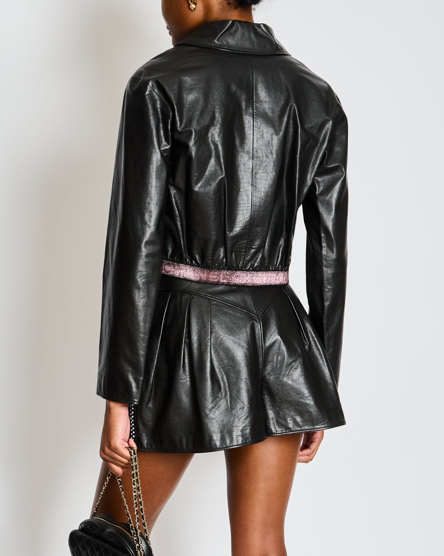 Chanel Cruise 2024 Black Leather Jacket with Pink CC Logo Buttons and Pink Logo Waistband Size FR 36 (UK 8)