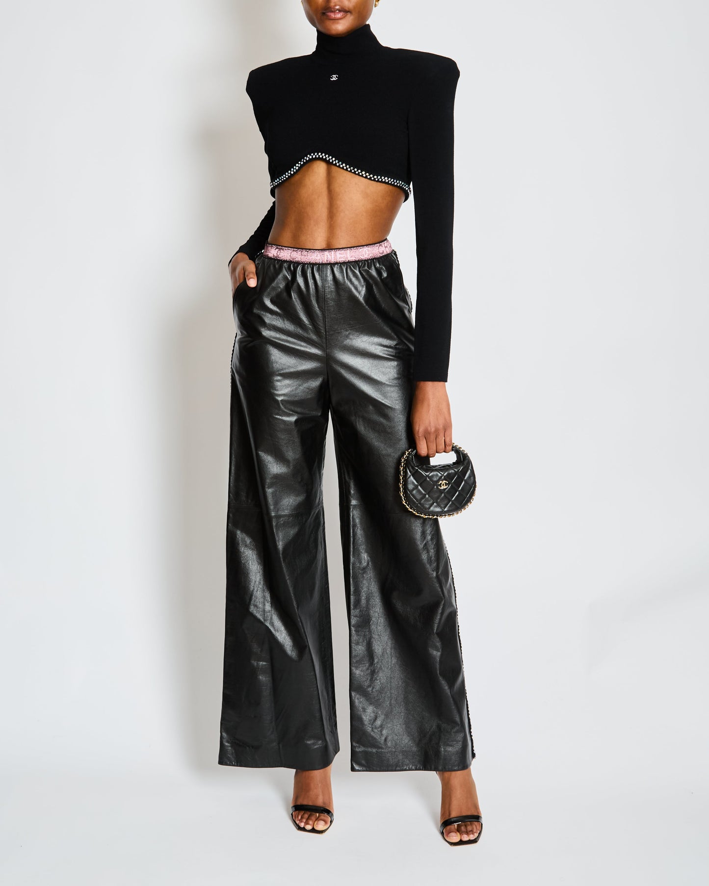 Chanel Cruise 2024 Black Leather Wide Leg Tro rs with Embellished Tweed Trim and Pink Logo Waistband Size FR 34 (UK 6)