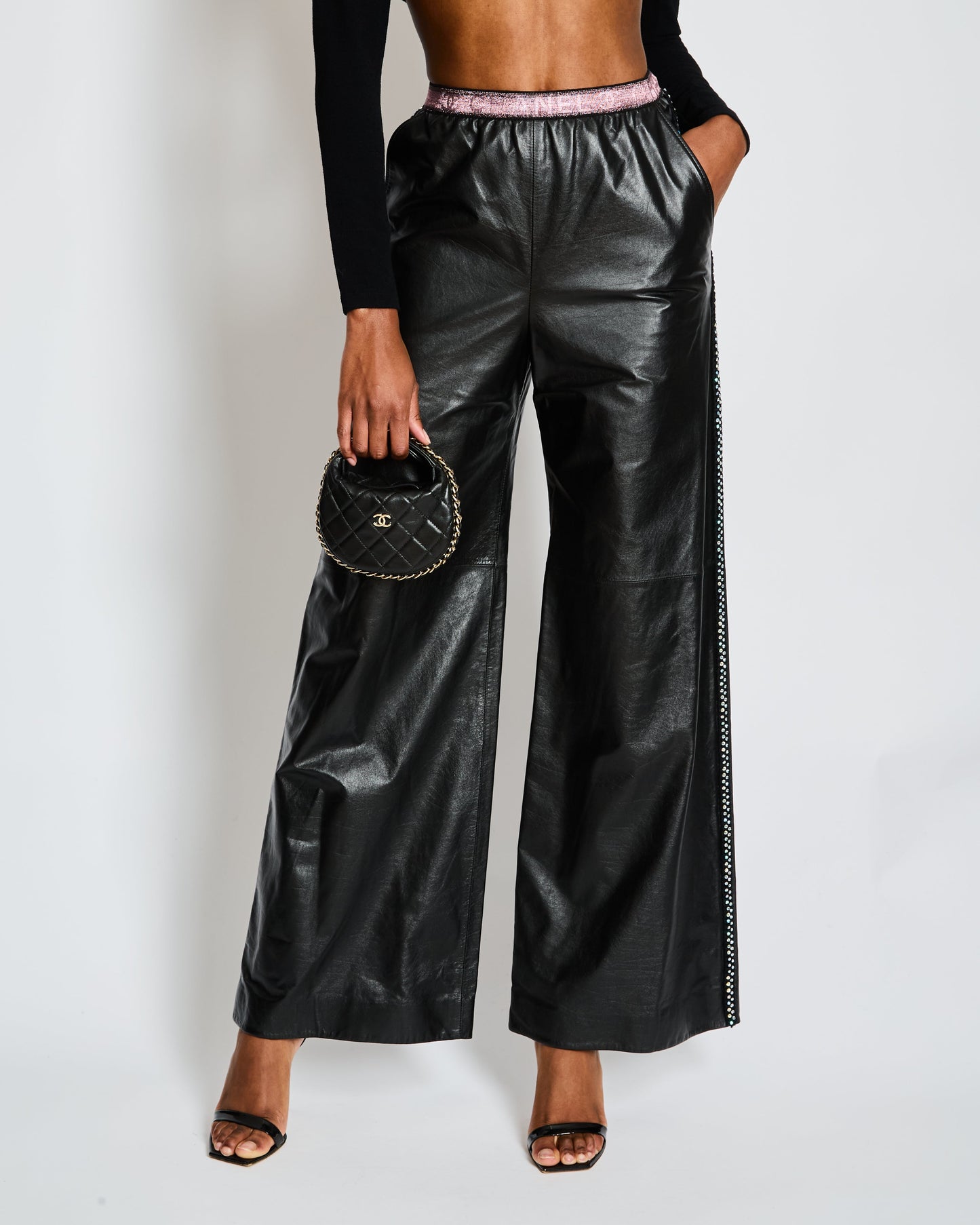 Chanel Cruise 2024 Black Leather Wide Leg Tro rs with Embellished Tweed Trim and Pink Logo Waistband Size FR 34 (UK 6)