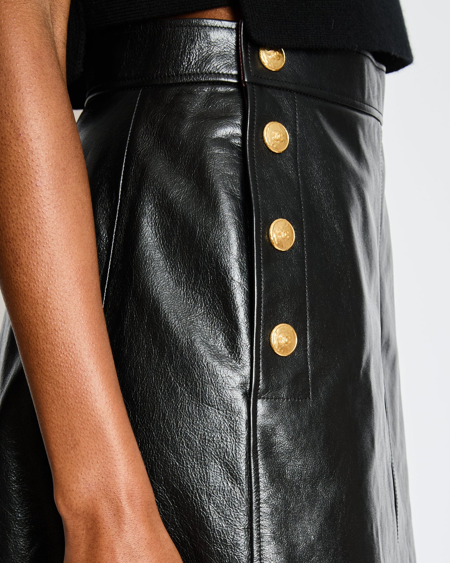Chanel 21/K Black Leather Wide Shorts with Gold CC Logo Buttons Size FR 38 (UK 10)