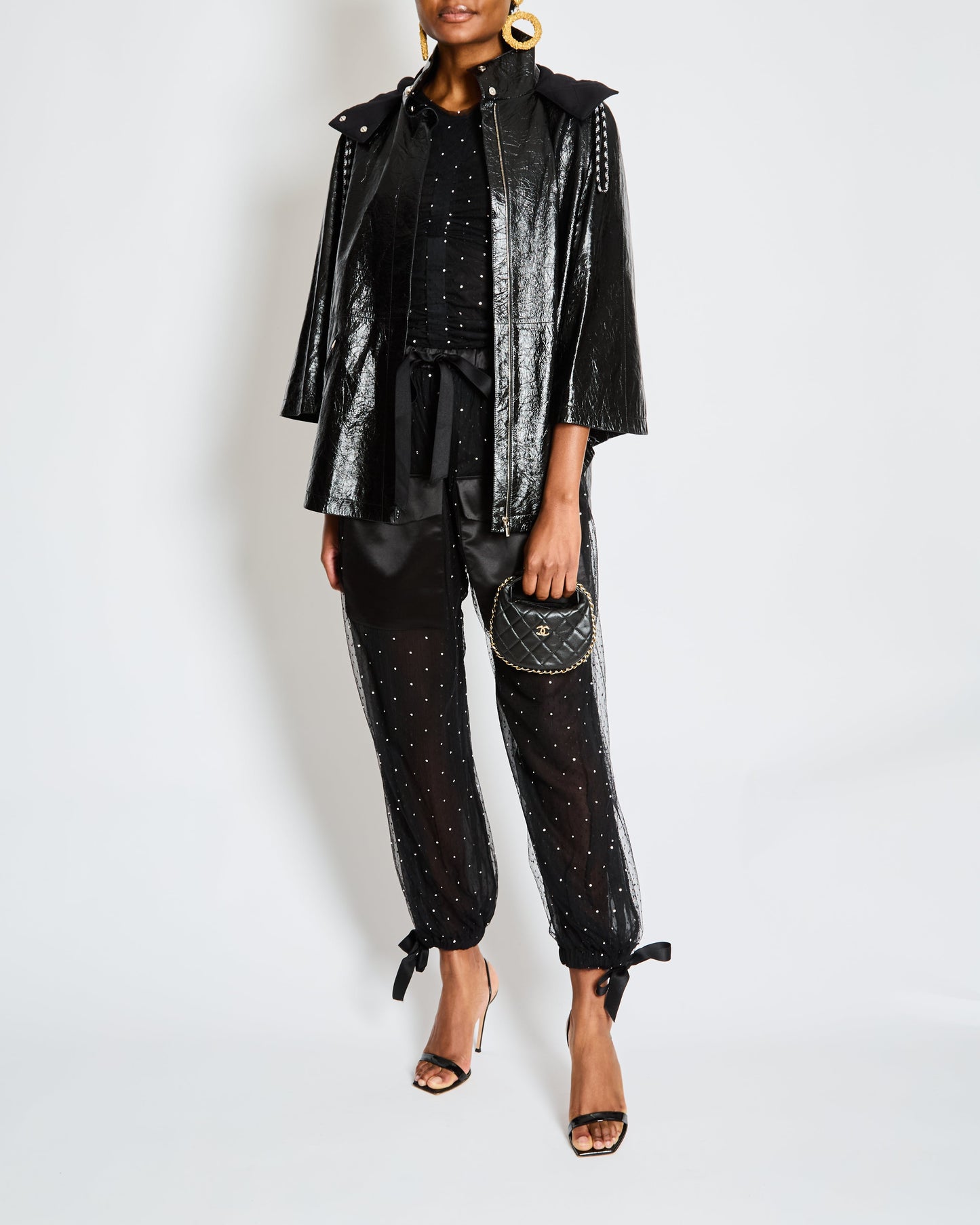 Chanel Fall 2019 By Karl Largerfeld Black Leather Hooded Cape with Embellished Pearl Buttons Size FR 34 (UK 6)