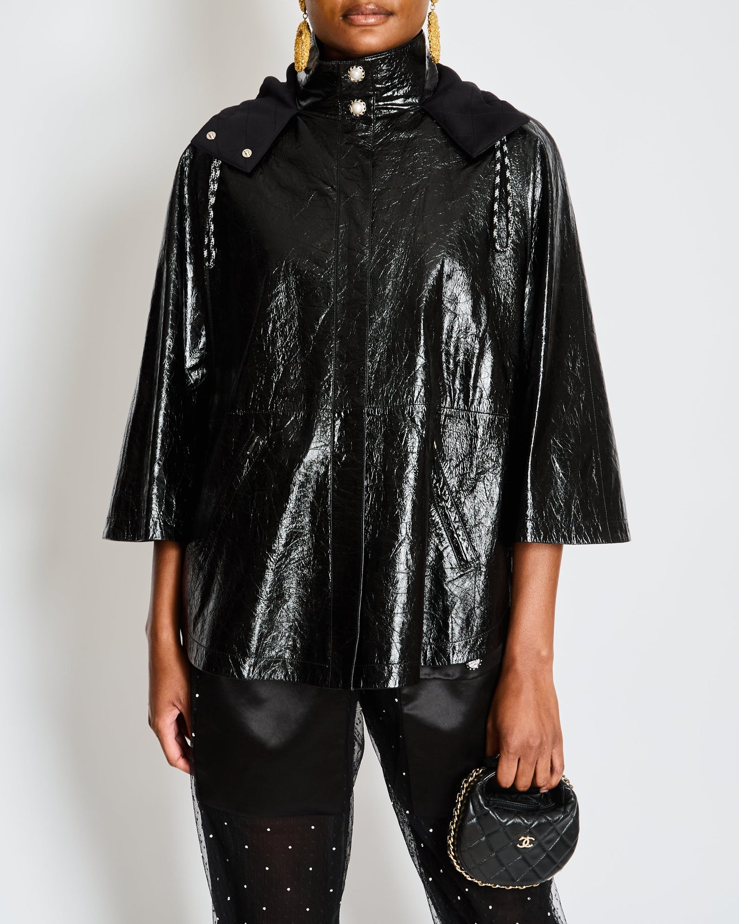 Chanel Fall 2019 By Karl Largerfeld Black Leather Hooded Cape with Embellished Pearl Buttons Size FR 34 (UK 6)