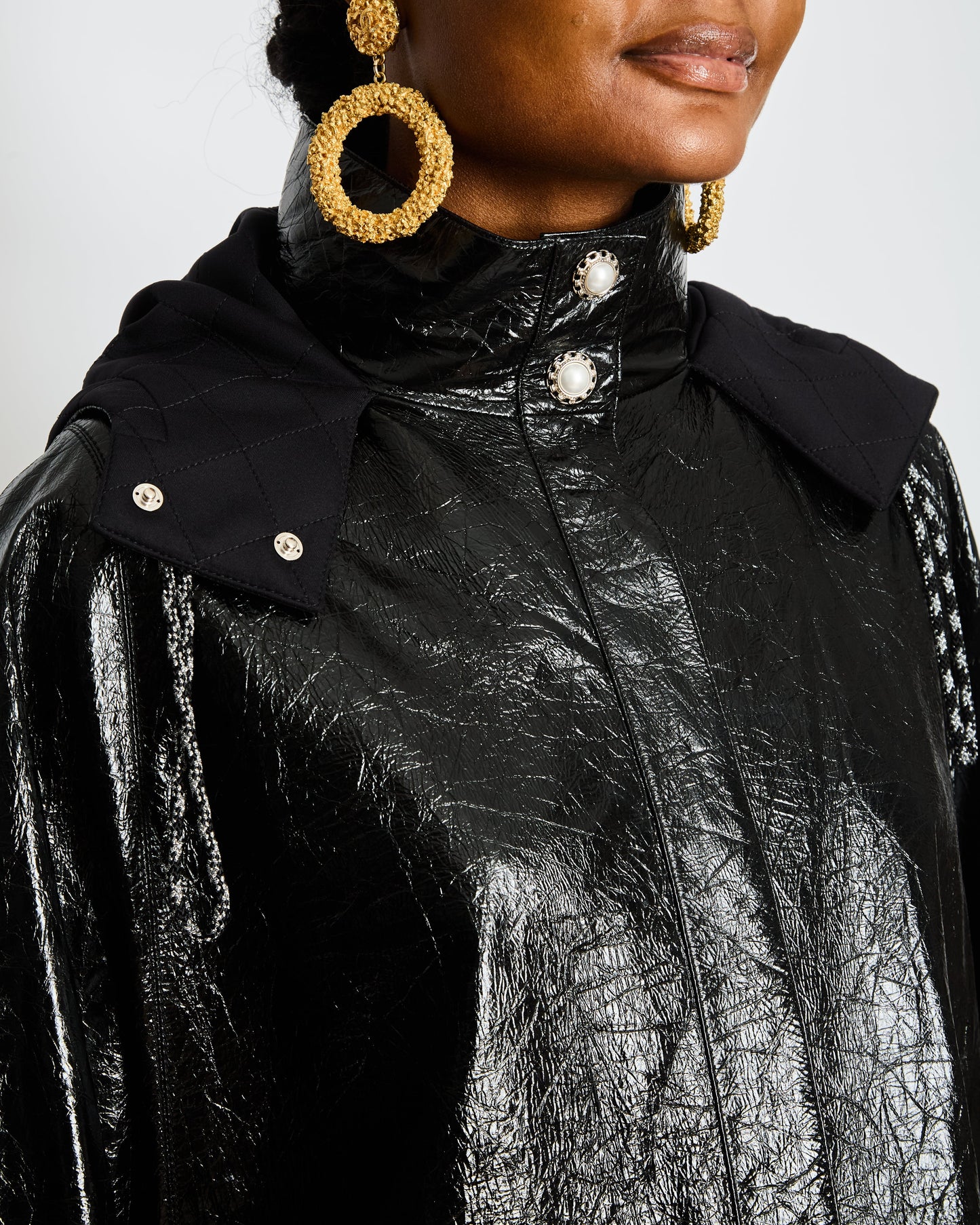 Chanel Fall 2019 By Karl Largerfeld Black Leather Hooded Cape with Embellished Pearl Buttons Size FR 34 (UK 6)