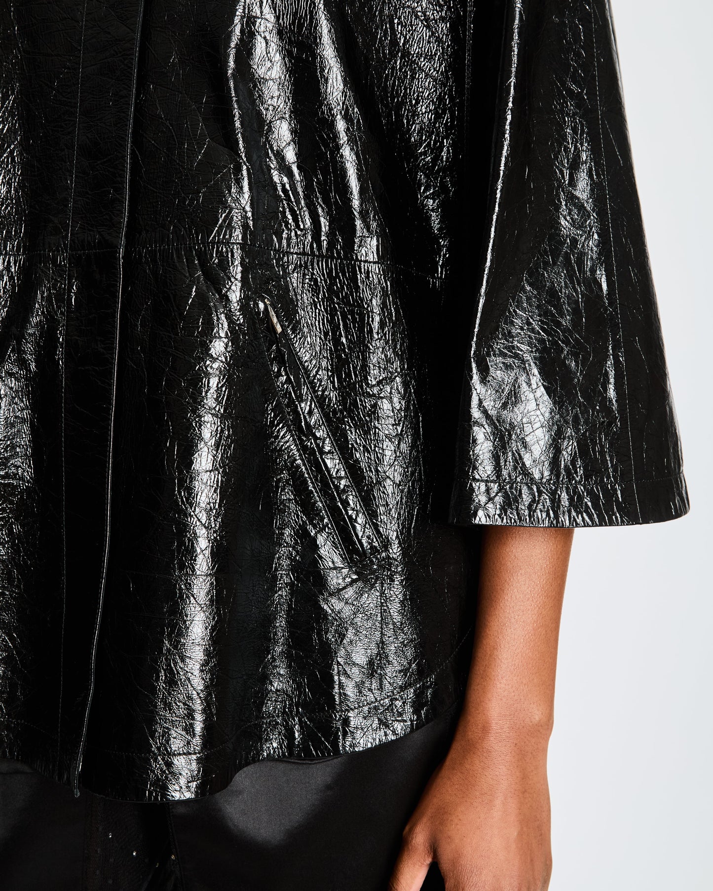 Chanel Fall 2019 By Karl Largerfeld Black Leather Hooded Cape with Embellished Pearl Buttons Size FR 34 (UK 6)