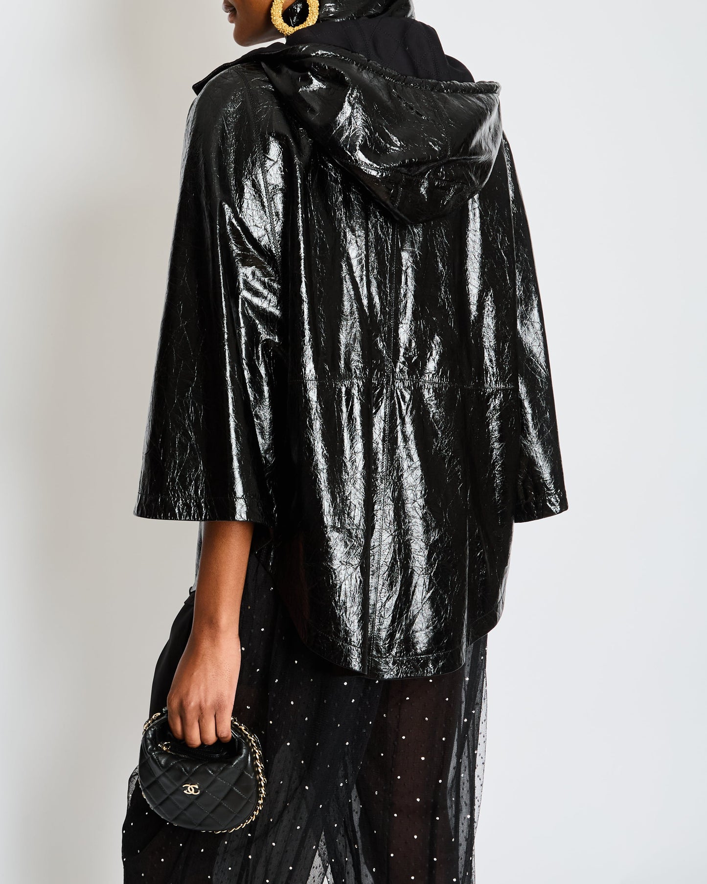 Chanel Fall 2019 By Karl Largerfeld Black Leather Hooded Cape with Embellished Pearl Buttons Size FR 34 (UK 6)