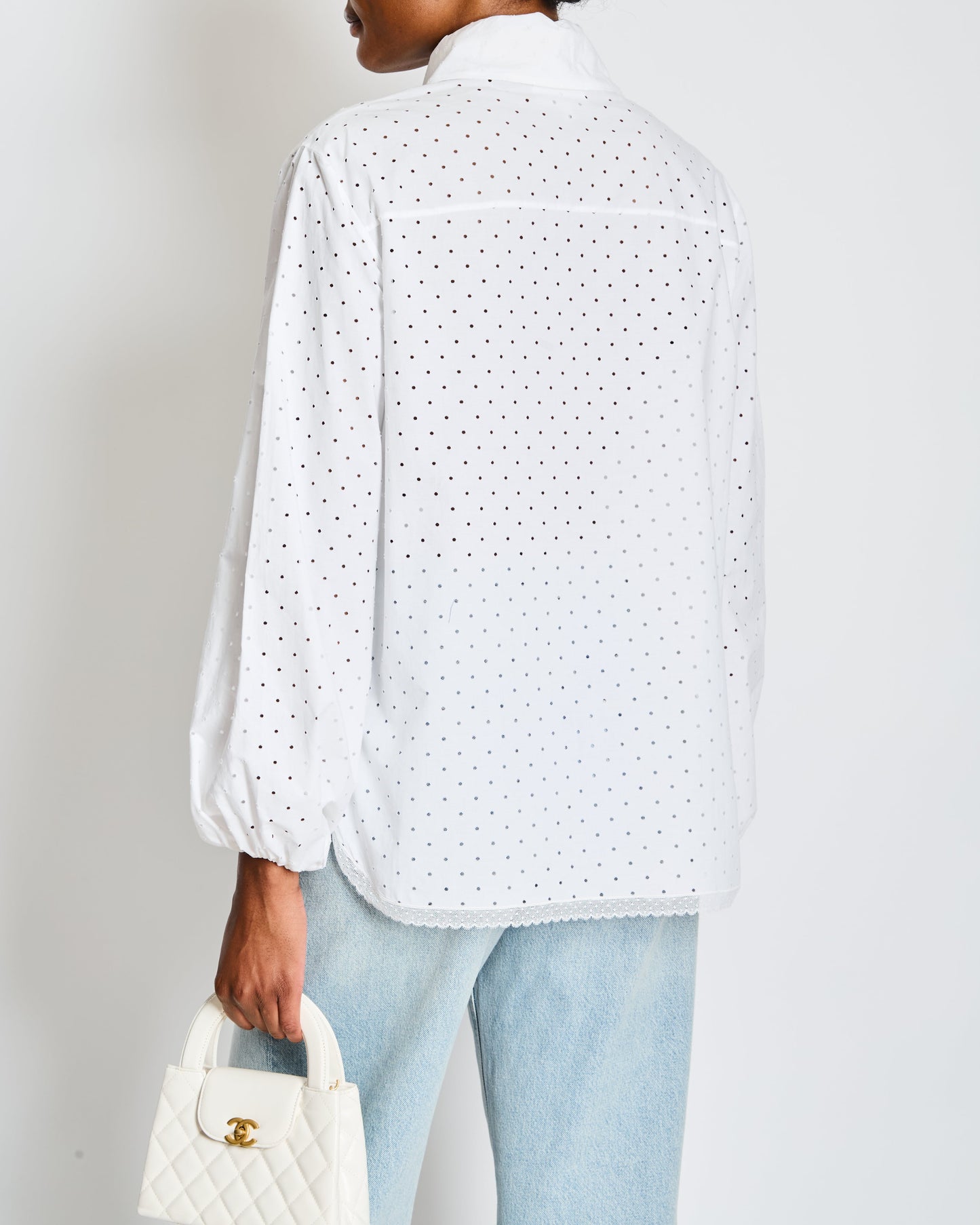 Chanel White Laser Cut Button Down Shirt with Lace Trim and Bow Detail Size FR 36 (UK 8)