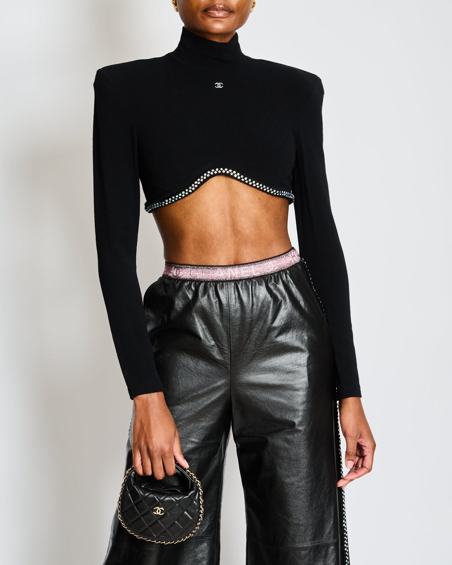 Chanel 24/C Black High Neck CC Crop Top with Scalloped Diamante Hem Size FR 38 (UK 10)