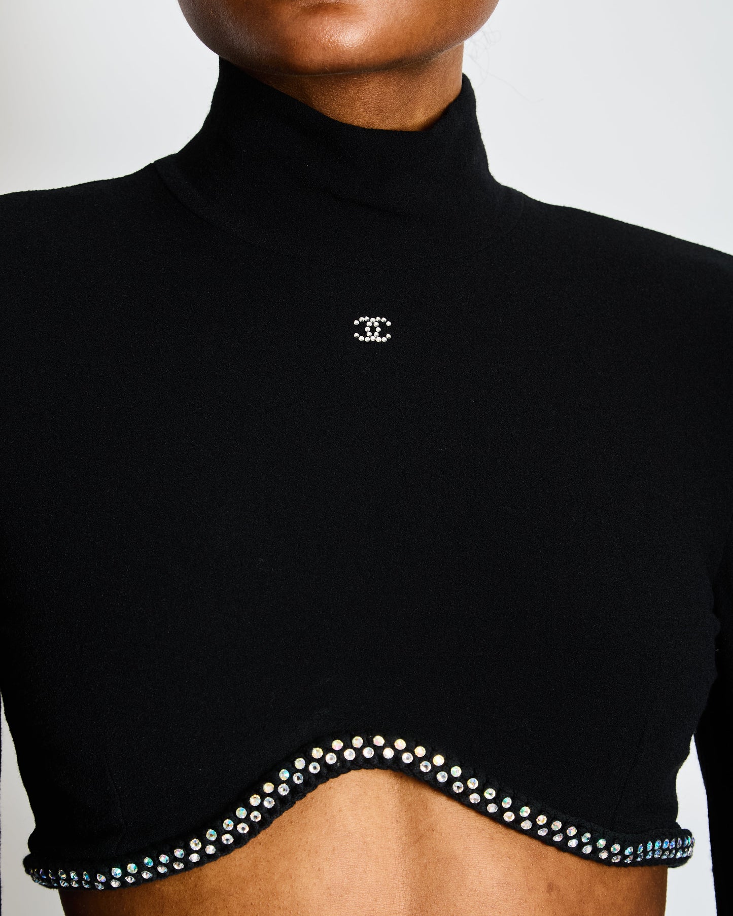 Chanel 24/C Black High Neck CC Crop Top with Scalloped Diamante Hem Size FR 38 (UK 10)