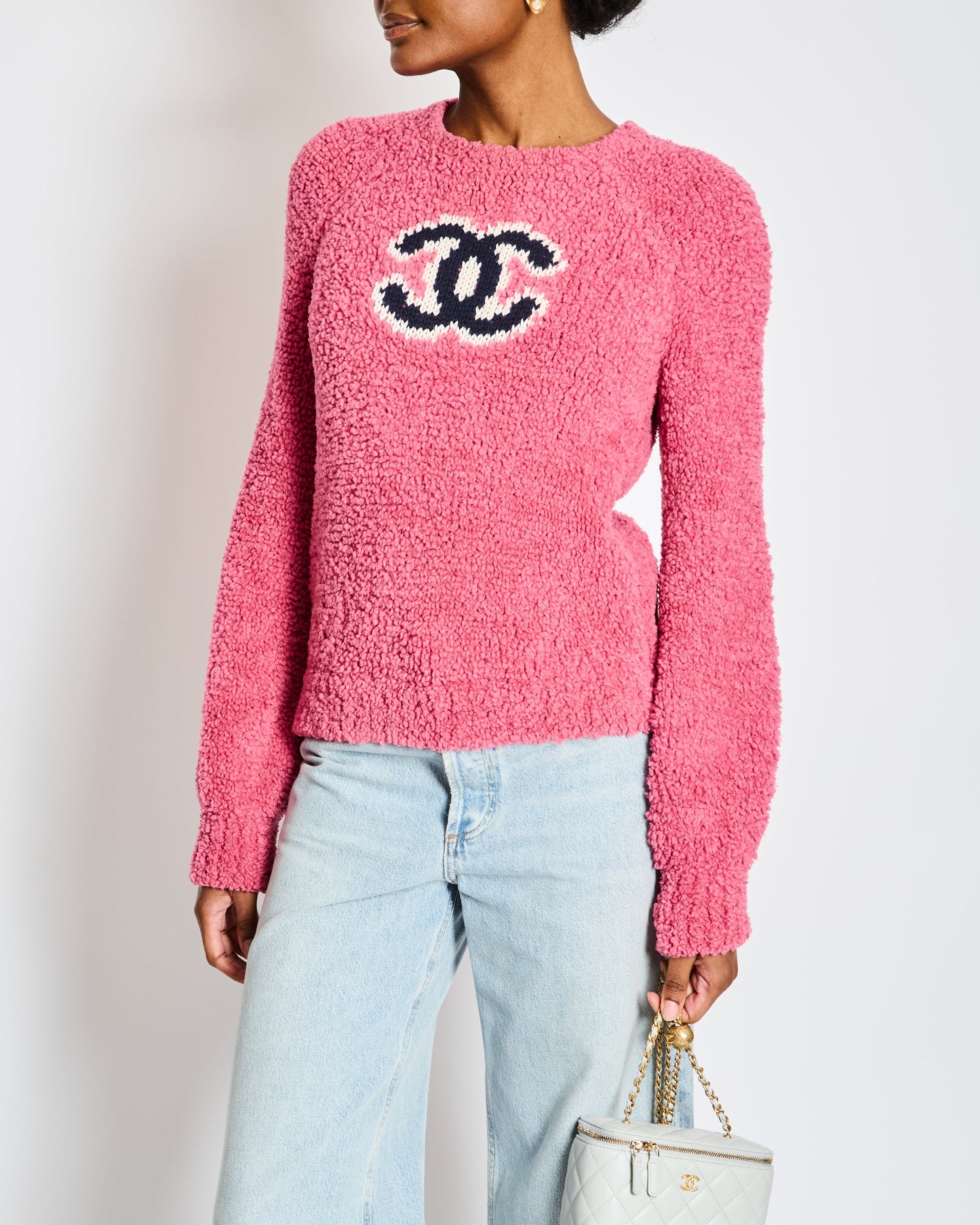 Chanel 19/A Pink Shearling Long Sleeve Sweater Graphic Logo Wool Blend Jumper Size FR 36 (UK 8)