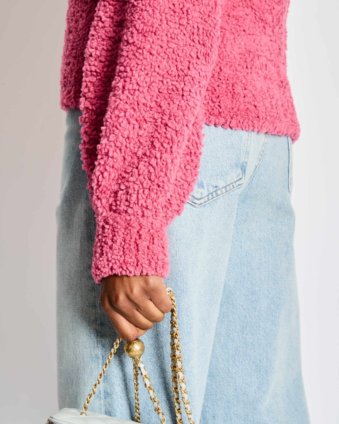 Chanel 19/A Pink Shearling Long Sleeve Sweater Graphic Logo Wool Blend Jumper Size FR 36 (UK 8)