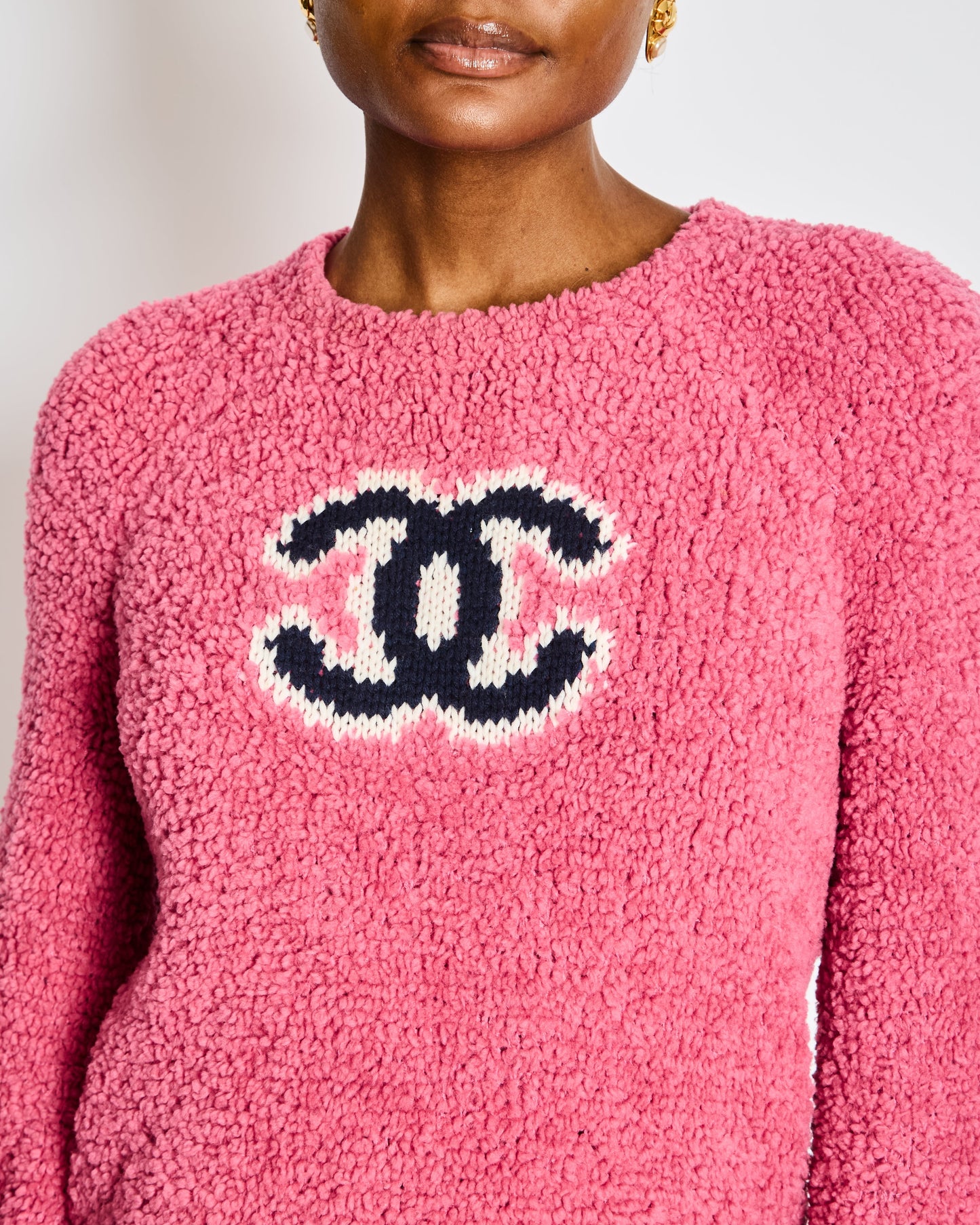 Chanel 19/A Pink Shearling Long Sleeve Sweater Graphic Logo Wool Blend Jumper Size FR 36 (UK 8)