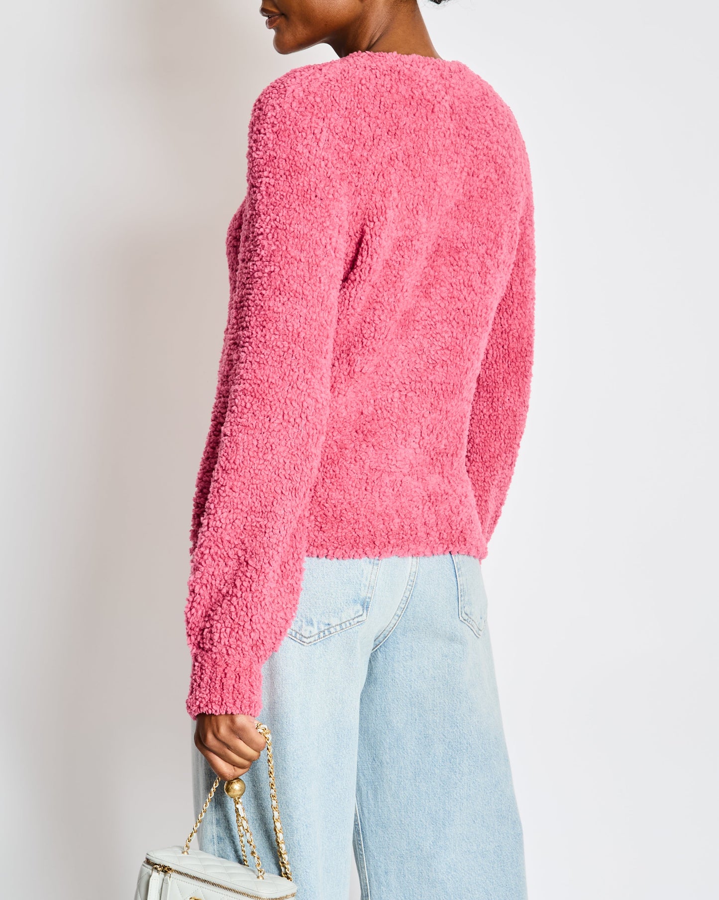 Chanel 19/A Pink Shearling Long Sleeve Sweater Graphic Logo Wool Blend Jumper Size FR 36 (UK 8)