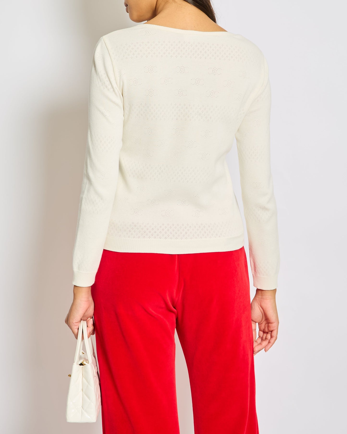 Celine Cream Long-Sleeve Cotton Top with Logo Broidery Anglaise and Pearl Button Details XS (UK 6)